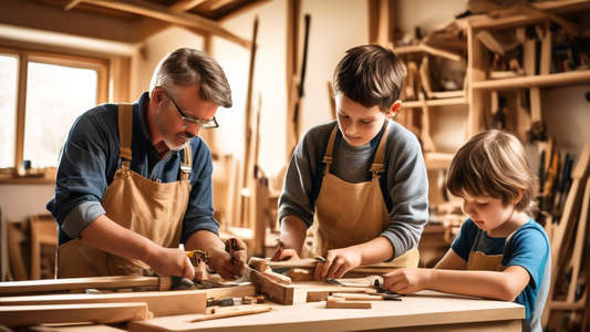 Please create an image of a homeschooling parent teaching their children carpentry skills in a workshop filled with tools and wood materials. The parent should be patiently instructing the children on how to use the tools safely and create a small wo
