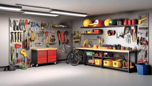 Create an image of a spacious and well-organized garage with designated areas for tools, sports equipment, gardening supplies, a workshop bench, and storage shelves. Each area should be neatly labeled and easily accessible, showcasing a variety of or