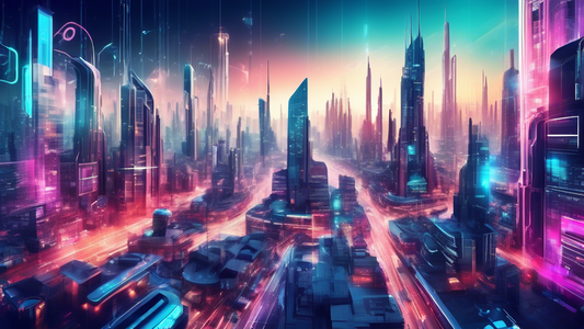 Create an image of a futuristic cityscape with digitized banners advertising Carpentry Skills Workshops Nearby placed strategically in different locations. The image should convey a sense of innovative technology and accessibility, showing a vibrant 