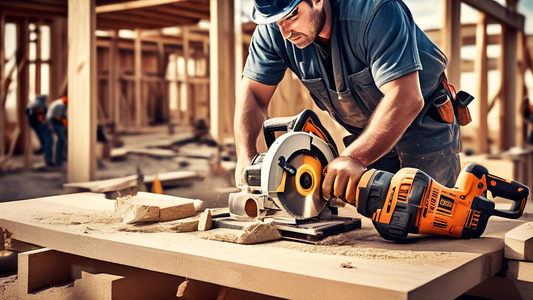 Create an image of a busy construction site with builders and contractors using top power tools such as cordless drills, circular saws, nail guns, and power sanders to complete various tasks. Show the workers in action, focused and efficient as they 