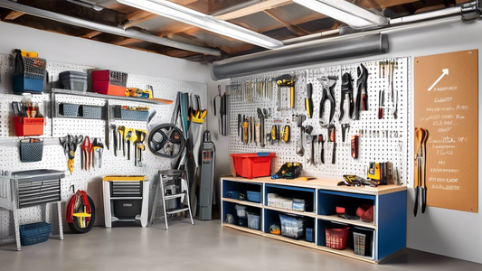 Create an image of a well-organized garage showcasing clever storage hacks in action. For example, include labeled bins hanging from the ceiling, a pegboard wall holding various tools, shelves mounted on the walls with clear containers for small item