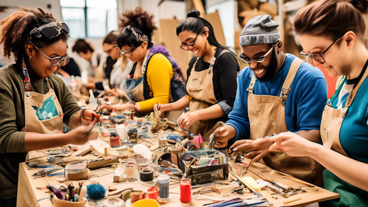 Create an image of a group of diverse DIY enthusiasts attending an upcycling workshop, actively engaging in creative learning activities. Show them upcycling different materials into beautiful and unique creations, with tools and materials scattered 