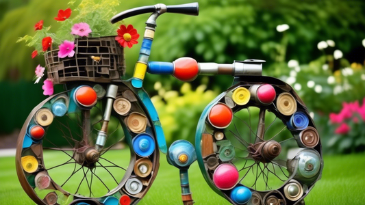 Create an image of a whimsical garden sculpture made entirely from upcycled materials, such as old bicycle parts, repurposed cans, and discarded wood, showcasing the beauty and possibility of creative upcycling for sustainable living.