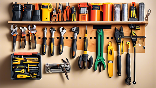 Create an image showing a garage workspace with a variety of tools neatly organized on a tool rack mounted on the wall. The tools should be easily accessible and the workspace should look clean and efficient. Display different types of tools such as 