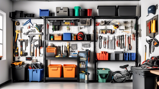 Create an image of a well-organized garage showcasing innovative storage solutions such as wall-mounted shelves, overhead racks, labeled storage bins, and pegboards with various tools neatly hanging. The image should highlight a clutter-free space wi