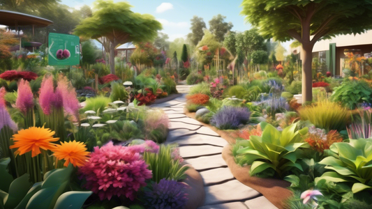 Create an image of a vibrant, lush botanical garden with a diverse range of plants and flowers, featuring signposts pointing towards various educational resources such as gardening workshops, online courses, books, and podcasts on landscaping for ent