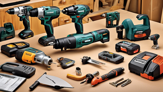 Create an image of a diverse range of cordless power tools lined up neatly on a workbench, including a drill, circular saw, impact driver, rotary tool, and flashlight. Each tool is labeled with its name and brand, showcasing a variety of options for 