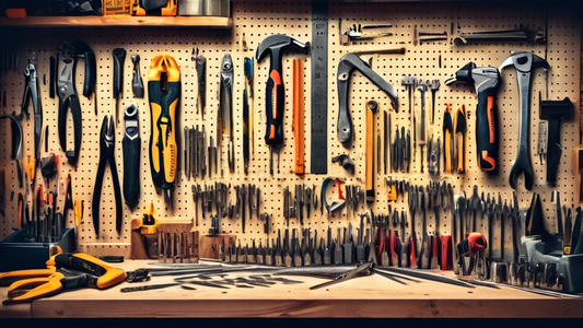 Create an image of a neatly organized tool set with a variety of tools including wrenches, screwdrivers, pliers, hammers, and measuring tape displayed on a pegboard in a workshop setting. The tools should be arranged in a visually appealing way, high