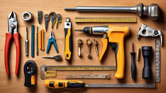 Create an image of a diverse set of affordable tools laid out neatly on a wooden workbench, featured prominently in the center. The tools should include a hammer, screwdriver set, pliers, wrenches, measuring tape, and a power drill. The background sh