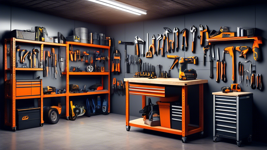 Create an image of a professional garage workshop with sleek and efficient storage racks, showcasing various tools and equipment organized in a neat and accessible manner. The racks should be sturdy and well-designed, providing ample space for differ