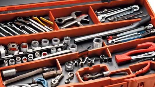 Create an image of a neatly organized toolbox filled with high-quality plumbing tools, such as pipe wrenches, adjustable wrenches, pliers, Teflon tape, pipe cutters, and a variety of fittings. The tools should be arranged in an aesthetically pleasing