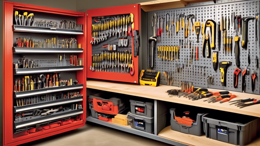 Create an image of a neatly organized tool storage area with various tools such as wrenches, screwdrivers, hammers, and drill bits hanging on hooks or placed in labeled compartments. The space should be optimized for easy access and efficient utiliza