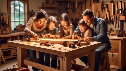 Create an image of a family gathered around a workbench, happily engaging in a woodworking project together. The workbench should be cluttered with various woodworking tools and materials, as the family works on constructing something simple and fun,