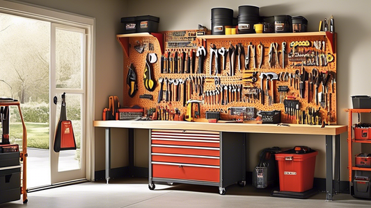 Create an image of a well-organized garage space featuring a sturdy workbench with various tools neatly organized and easily accessible. The workbench should be surrounded by efficient tool storage solutions to help maximize space and keep the area c
