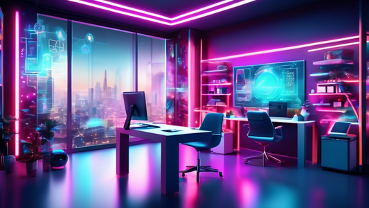 Create an image of a sleek, futuristic office workspace with cutting-edge technology and tools, such as augmented reality glasses, holographic displays, and advanced AI assistants, all designed to enhance productivity in a modern work environment.