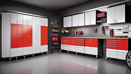 Create an image of a sleek and modern garage interior with ten different space-saving cabinet designs, each one labeled with a number from 1 to 10. The cabinets should vary in size, color, and style to showcase a variety of options for organizing and