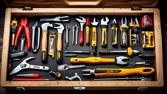 Create an image of a sturdy and durable toolbox filled with various heavy-duty tools such as hammers, wrenches, pliers, screwdrivers, and power tools arranged neatly inside. The toolbox should appear professional and well-organized, with a focus on s