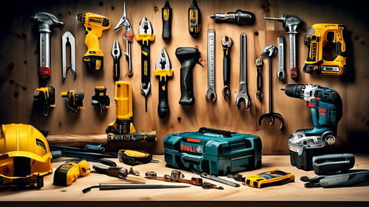 Create an image of a variety of professional tools from top-rated brands such as Bosch, Dewalt, Makita, and Milwaukee neatly arranged on a workbench with good lighting and clear branding visible. The tools should include drills, saws, wrenches, and o