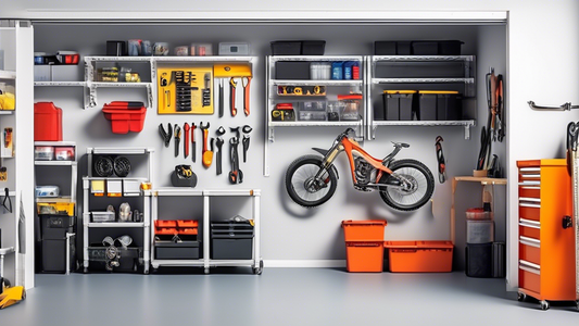 Create an image of a well-organized garage space showcasing must-have garage organization products such as labeled bins, shelving units, tool organizers, and wall-mounted storage systems. The image should convey a sense of tidiness and efficiency, wi