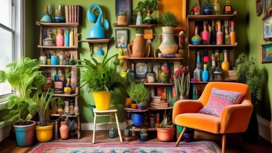 Visualize a whimsical and imaginative scene of a vibrant and eclectic room filled with upcycled objects. Show a vintage chair repurposed into a unique planter, old books transformed into a decorative wall art, empty wine bottles turned into colorful 