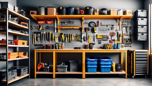 Create an image of a well-organized garage equipped with shelves, cabinets, pegboards, and labeled bins, showcasing the best storage solutions for DIY enthusiasts. The space should be clean, clutter-free, and optimized for storing tools, materials, a