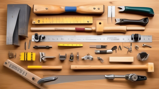 Create an image depicting a selection of essential woodworking tools laid out on a workbench, including a hammer, hand saw, chisel set, tape measure, clamps, and a wood plane. The tools should be arranged neatly and clearly labeled to help beginners 