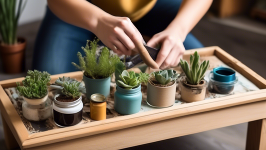 Create an image of a beginner attempting an upcycling project, such as repurposing an old coffee table into a stylish ottoman or transforming glass jars into decorative plant pots. Show the person using basic tools like a hammer and paintbrush, and i