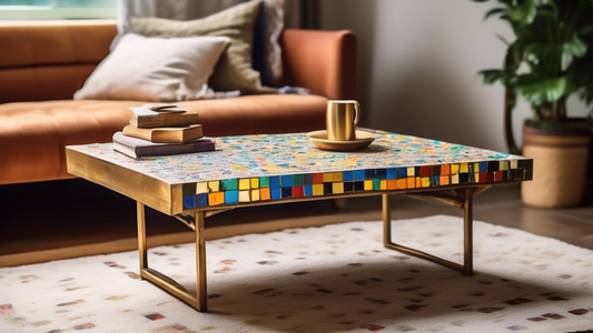 An image of a unique and stylish coffee table made by repurposing an old wooden door with elegant brass legs. The table is adorned with a colorful mosaic design made from broken tiles, giving it a chic and artistic touch. The setting is cozy and invi