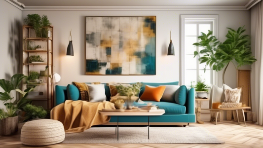 Create an image of a cozy and aesthetically pleasing living room decor with budget-friendly upcycled home improvement ideas. Show unique DIY projects such as refurbished furniture, repurposed decorations, and clever upcycling hacks that inspire susta