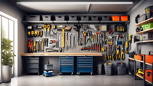Create an image of a well-organized garage with various innovative tool storage solutions, such as pegboards, magnetic strips, labeled bins, wall-mounted shelves, and a rolling tool cabinet. Showcase the efficient use of space and demonstrate how the