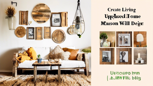 Create an image of a living room with various budget-friendly upcycled home decor items such as repurposed pallet furniture, DIY mason jar light fixtures, and a wall collage made from reclaimed wood. Show how upcycling can transform a space while sav