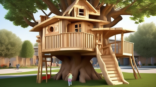 Create an image of a whimsical treehouse built within a classroom setting, blending elements of a traditional school environment with imaginative and interactive carpentry features. The design should showcase unique DIY projects that educators and pa