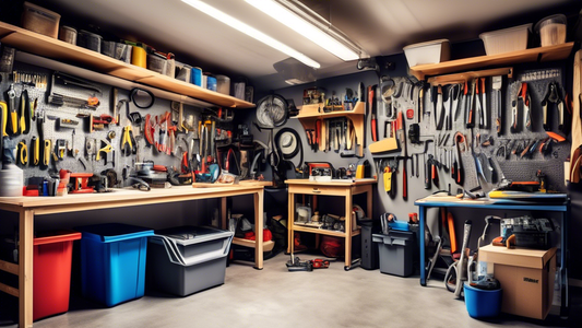 Show a cluttered garage space with various tools, equipment, and boxes scattered around. Include a small section of organized storage shelves with labeled bins, hooks for hanging tools, and a workbench with ample countertop space. The contrast betwee