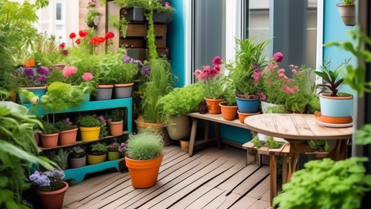 Please create an image of a small urban balcony garden showcasing various upcycled gardening projects like repurposed containers, pallet planters, and vertical garden structures. The space should be packed with greenery and colorful flowers, demonstr