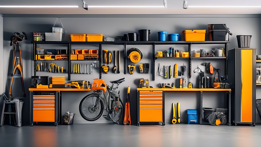Create an image of a perfectly organized and tidy garage space showcasing the best garage organization products such as shelving units, tool organizers, storage bins, and wall-mounted racks. Make sure to highlight the different products in use and th