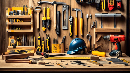 Create an image of a neatly organized workbench showcasing essential carpentry tools such as a hammer, saw, tape measure, level, screwdriver, and drill. Include a variety of wood materials and safety equipment like goggles and gloves to emphasize the