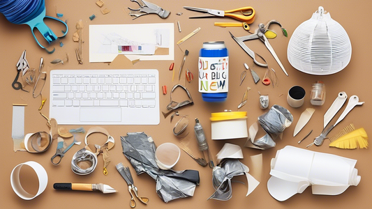 Create an image of a craft project where old and discarded materials are being transformed into something beautiful and useful. Show the process of upcycling in action, with a clear before-and-after comparison to highlight the wonder of turning waste