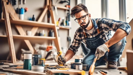 Create an image of a beginner DIY enthusiast tackling a simple home improvement project, such as painting a wall or assembling furniture. The person should appear confident and focused, surrounded by basic tools and materials. Include elements like p