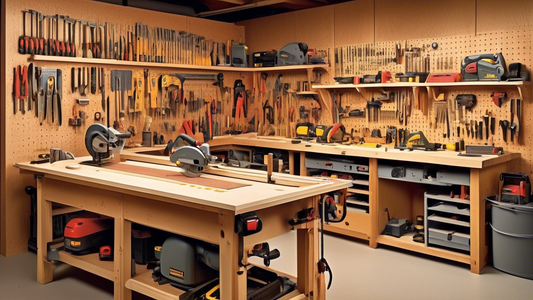 Create an image of a well-organized workshop filled with essential woodworking tools such as a table saw, jigsaw, band saw, router, sander, chisels, hand planes, clamps, and measuring tools. The tools should be neatly arranged on a workbench or hung 