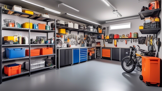 Create an image of a well-organized garage space featuring 10 different innovative and practical garage shelving ideas to inspire organization and efficiency. Each shelving idea should be unique and visually appealing, showcasing various storage solu