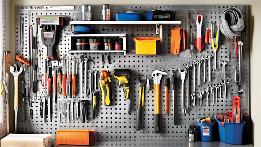 Create an image of a well-organized garage pegboard system that is both functional and visually appealing, showcasing a variety of tools and supplies neatly arranged for easy access. The image should feature a mix of tools commonly used by contractor
