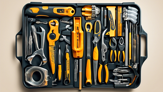 Create an image of a versatile multi-functional tool set with 7 different tools that are each designed to solve a different task. Each tool should be labeled with its specific function, showcasing the variety of tasks that can be accomplished with th