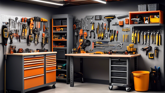 Create an image of a neatly organized garage showcasing customized tool storage solutions, such as labeled drawers, pegboards with hanging tools, wall-mounted shelves, and a workbench with integrated storage compartments. The scene should depict a cl