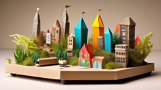 Create an image of a whimsical and imaginative scene where common household items are cleverly repurposed in unconventional ways. Show items like empty paper towel rolls transformed into a futuristic cityscape, old jars used as miniature terrariums, 