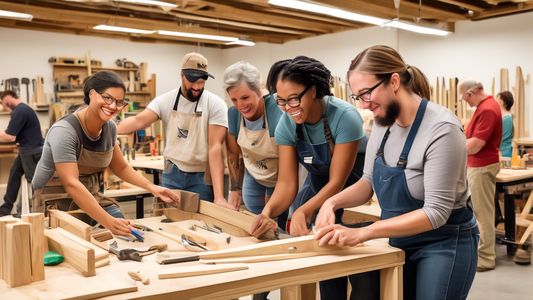 Create an image of a diverse group of educators and parents participating in a hands-on carpentry workshop. Show them working with tools and materials, collaborating and learning together in a creative and engaging setting. Capture the excitement and
