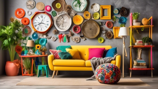Create an image of a room filled with beautifully decorated home décor items made from upcycled materials, showcasing unique and creative ways to turn trash into treasure for an eco-friendly and stylish living space.