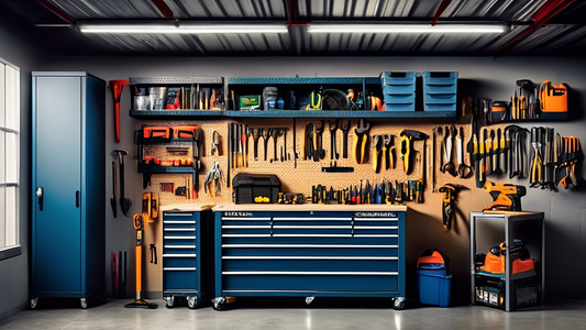 Create an image of a well-organized garage tool storage system featuring various storage solutions such as pegboards, cabinets, shelves, and tool chests. Show an assortment of tools neatly arranged and labeled within the storage system, highlighting 