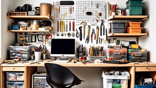 Create an image of a cluttered workspace filled with various tools and supplies, with a mix of items scattered haphazardly on shelves and tables. Show the chaos of disorganization contrasted with a neatly organized area featuring clever storage solut
