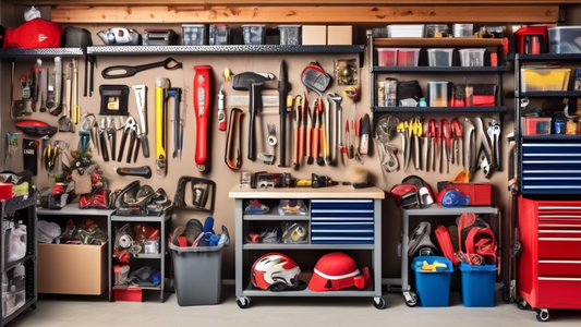 Please create an image of a cluttered garage filled with various items such as tools, holiday decorations, and sports equipment. Include custom storage cabinets in the image that are neatly organized with labeled bins, shelves, and hooks to showcase 