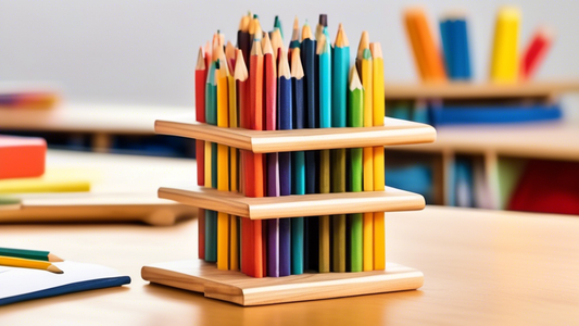 Create an image of a whimsical and creative woodworking project that would appeal to teachers, such as a unique wooden pencil holder shaped like a stack of books, with colorful accents and clever design elements. The project should showcase the joy o